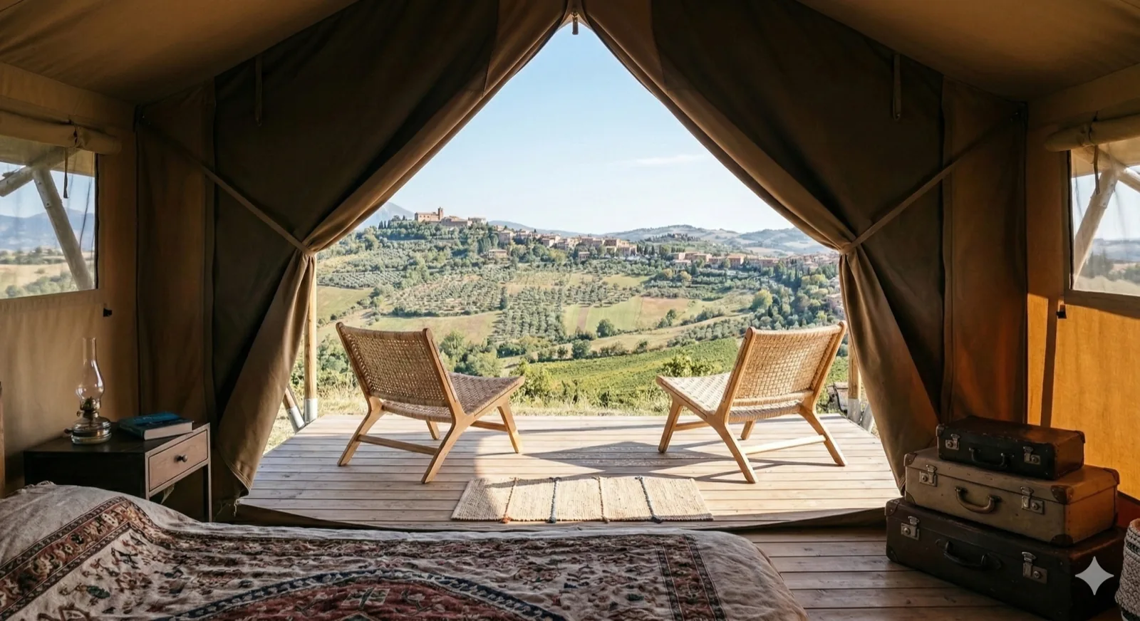 Uitzicht vanuit een safaritent in Italië