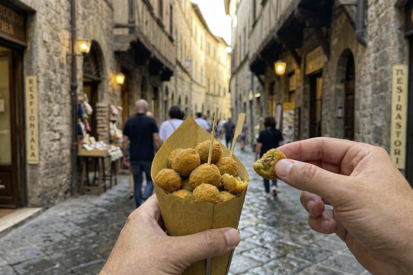 Olive ascolane in een puntzakje op straat in Ascoli Piceno